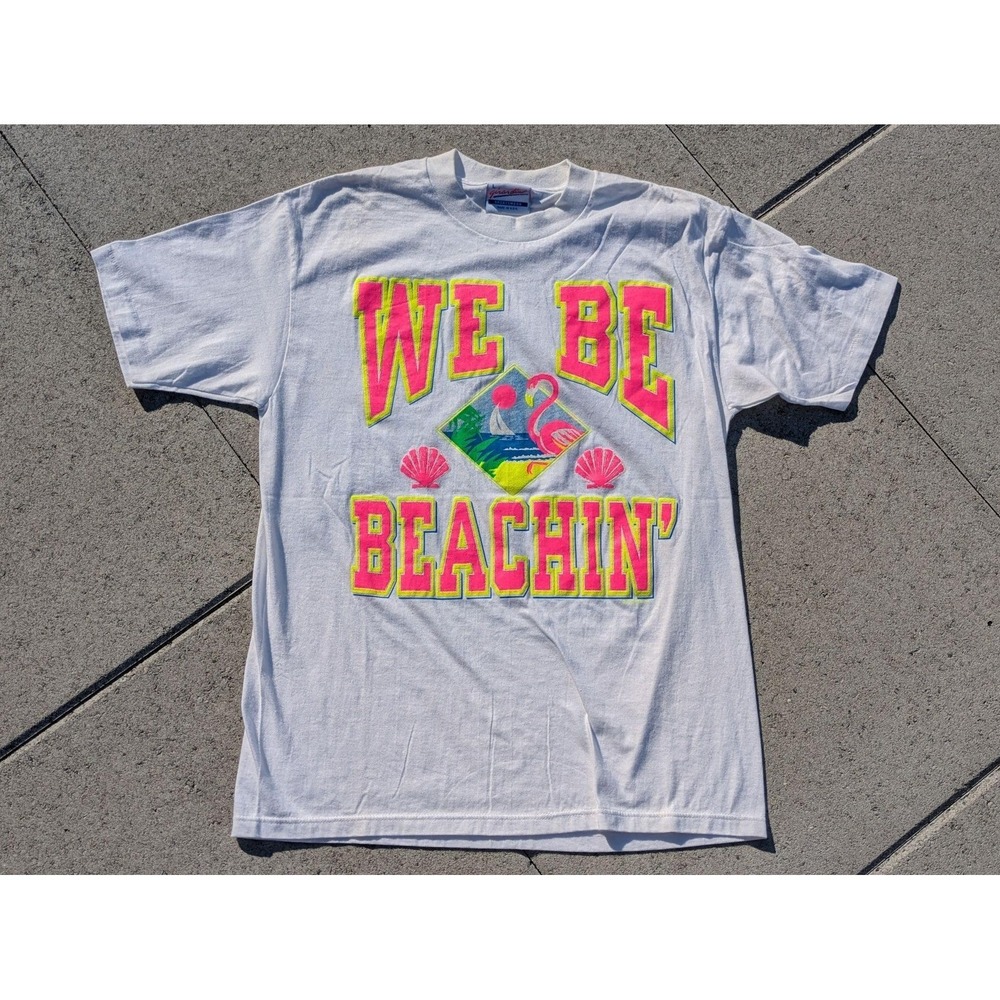 Vintage Girardin Sportswear Shirt Men Large White We Be Beachin Flamingo Tee 80s